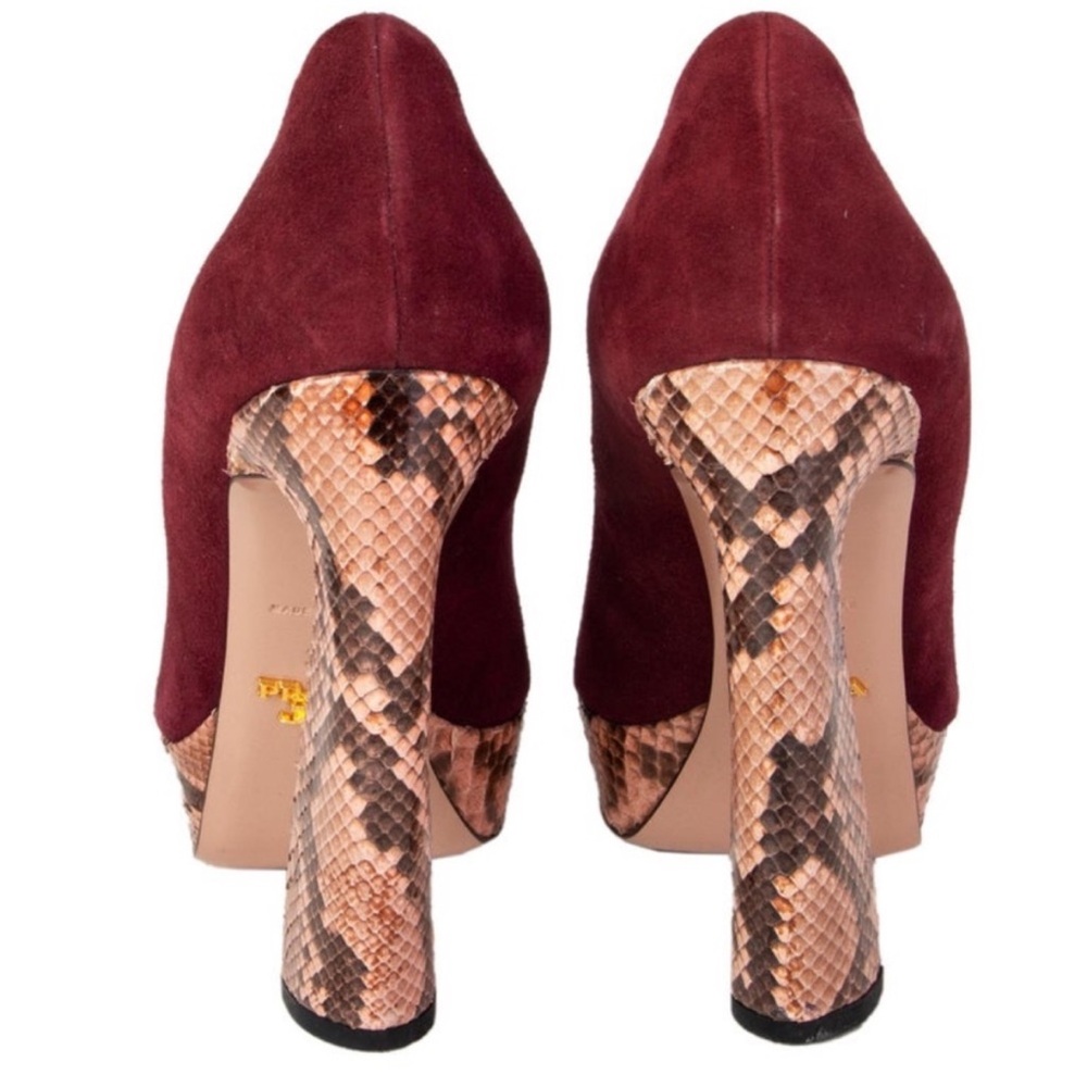 Prada Maroon Suede Heels with Snakeskin Pattern - Picture 2 of 11